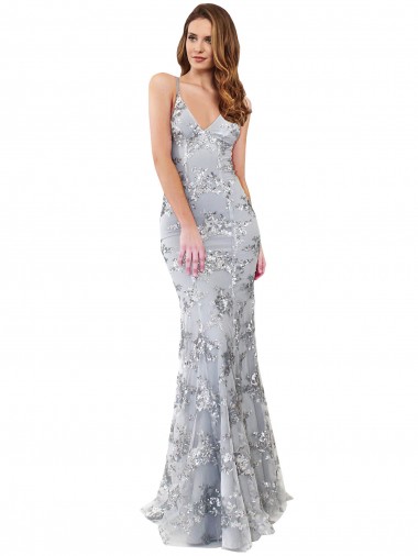 Migliori Argento Stile sirena Alto Collo Crespo Elastico Paillettes Tulle Lunga Formali Abiti da damigella donore / Abiti da sera / Abiti da ballo