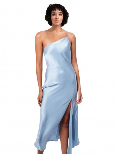 Migliori Azzurro cielo Linea A Una spalla Midi Raso Setoso Corto Abiti da damigella donore / Abiti da sera / Abiti da cocktail