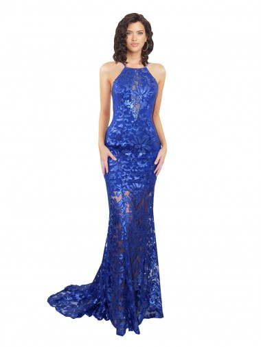Migliori Blu Reale Stile sirena Alto Collo Pizzo Lunga Abiti da damigella donore / Abiti da ballo