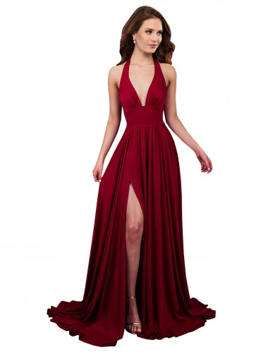 Migliori Borgogna Linea A Capestro Scollatura a V Spandex Lunga Formali Abiti da damigella donore / Abiti da sera / Abiti da ballo