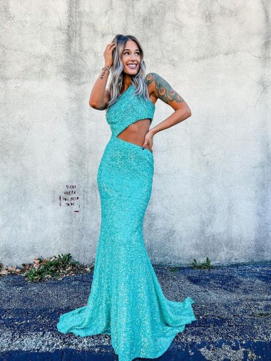 Migliori Colore Mostrato Stile sirena Una spalla Sweep treno Paillettes Velluto Lunga Abiti da ballo